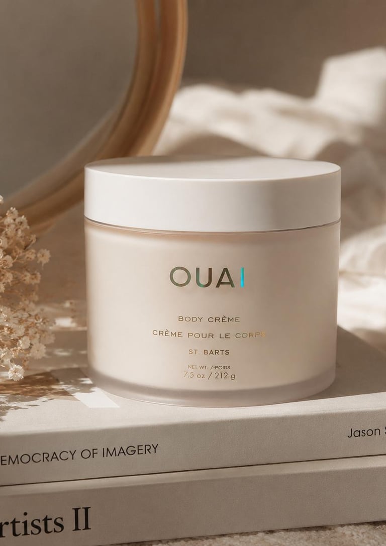 Aesthetic close-up of OUAI Body Crème placed on neutral books with soft beige lighting