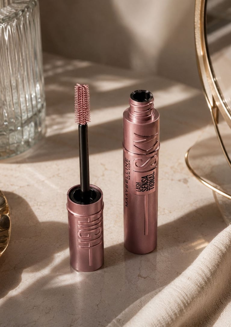 Close-up aesthetic beauty photo of Maybelline Sky High Mascara on a beige marble vanity.