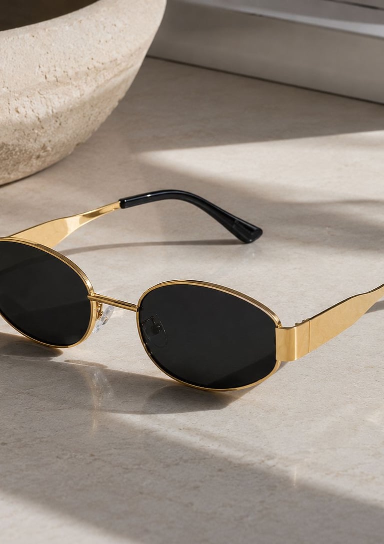 Gold oval sunglasses with black lenses on a clean background.