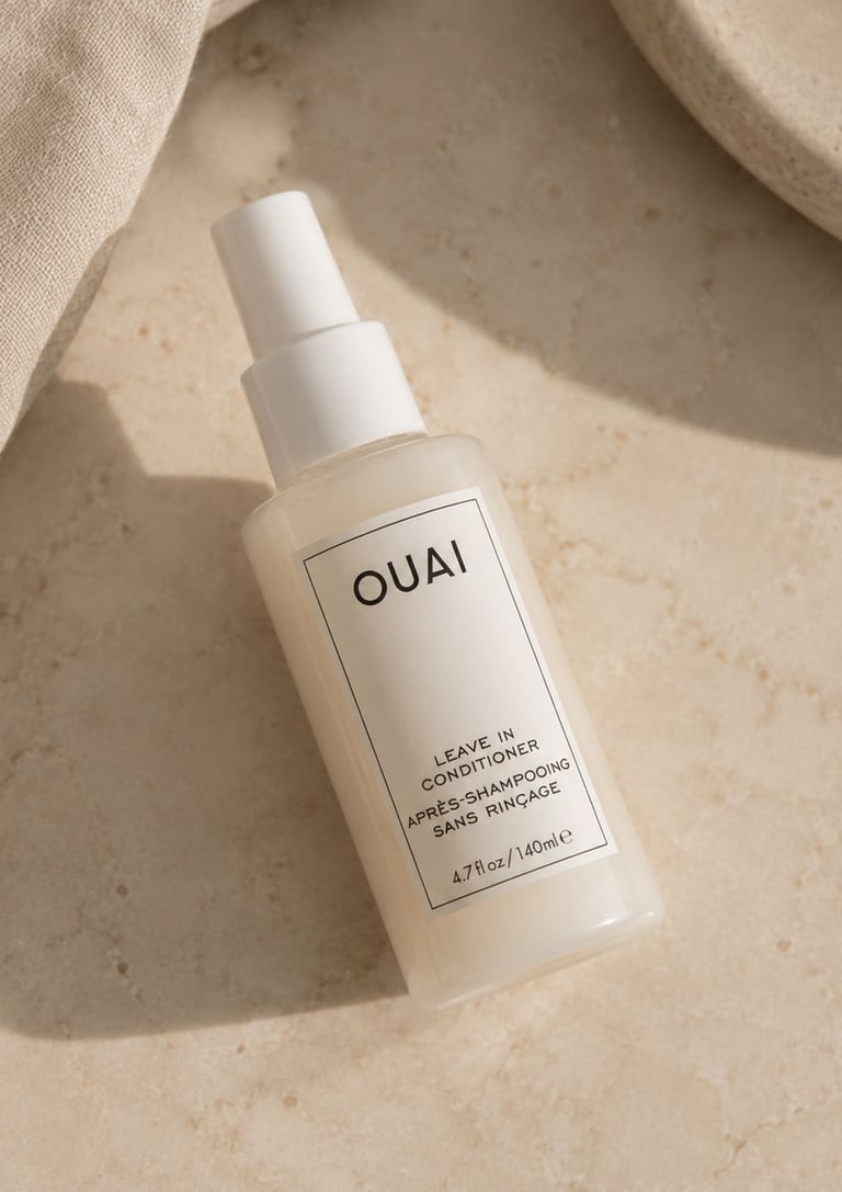 OUAI Leave In Conditioner bottle styled on a beige marble surface.