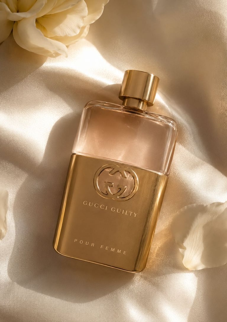 Gucci Guilty Pour Femme perfume bottle on soft white fabric with warm natural lighting