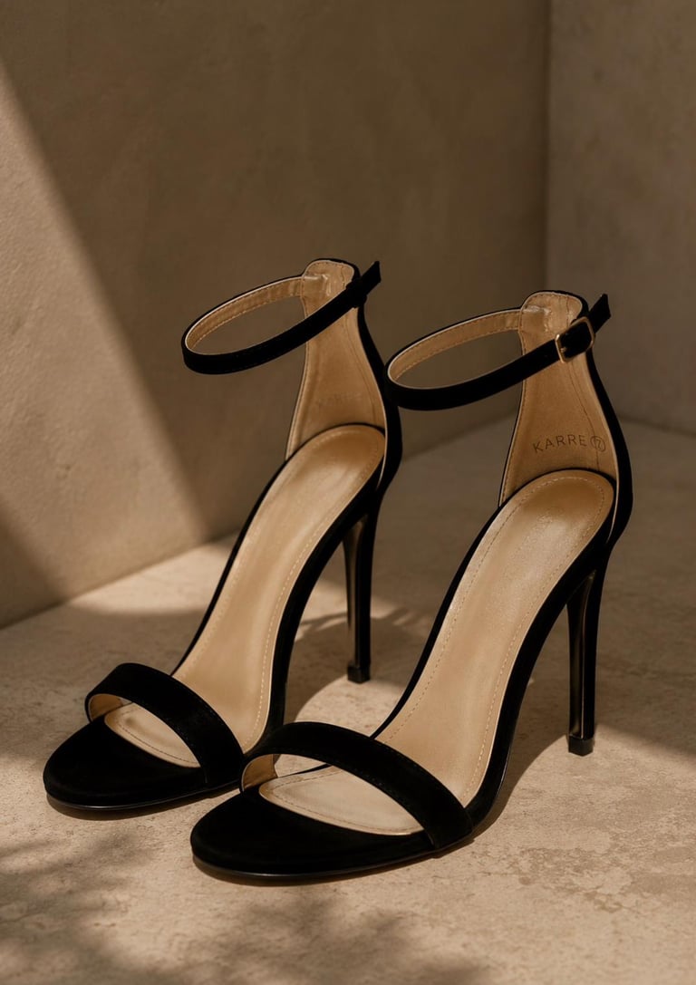 Close-up of elegant black stiletto heels with ankle straps, styled in soft natural light.