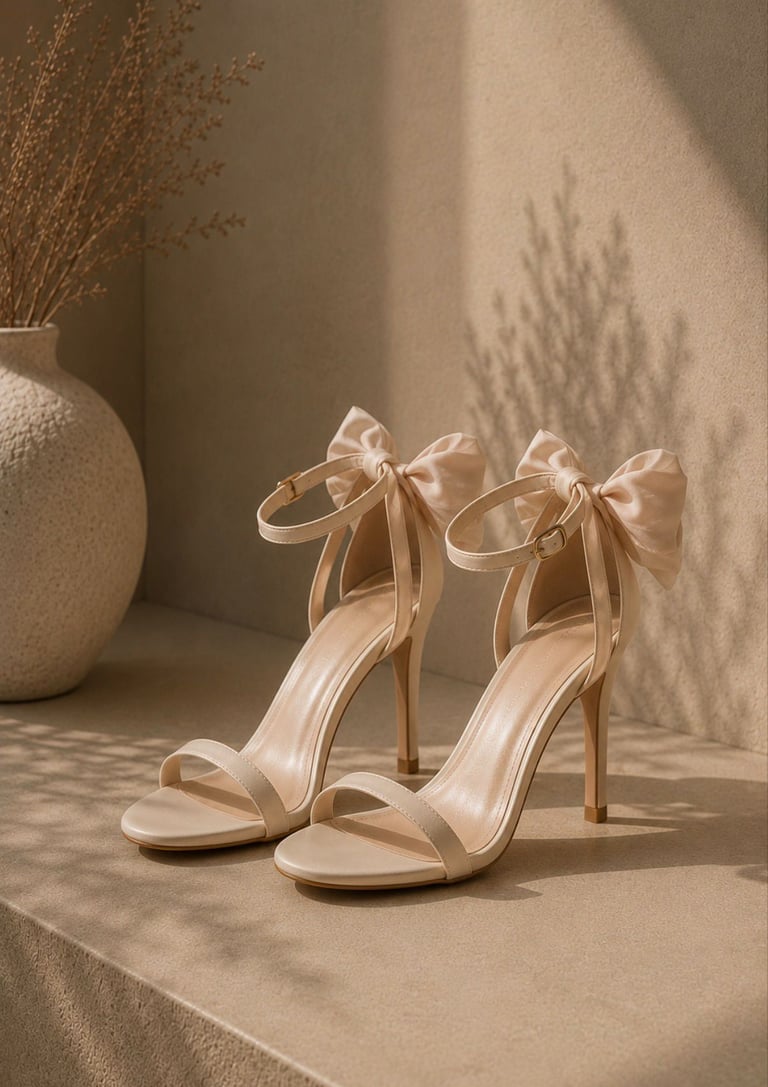 Beige bow strap stiletto heels.