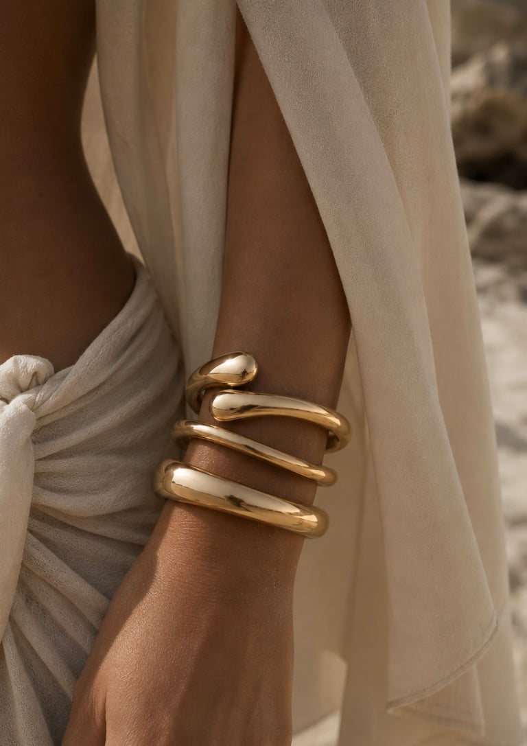 Gold statement bracelets styled on an arm with a beige beach cover-up in warm sunlight.