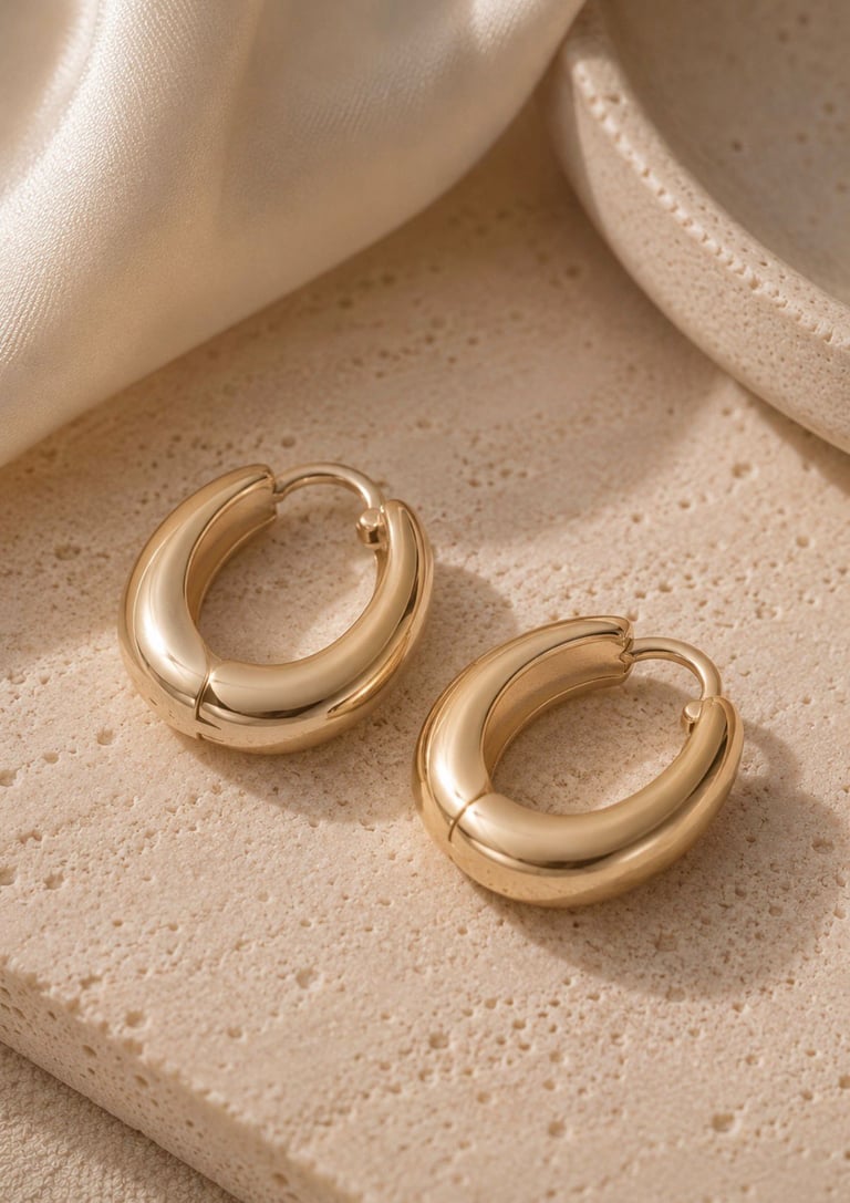 Pair of polished gold hoop earrings displayed on a textured stone surface.