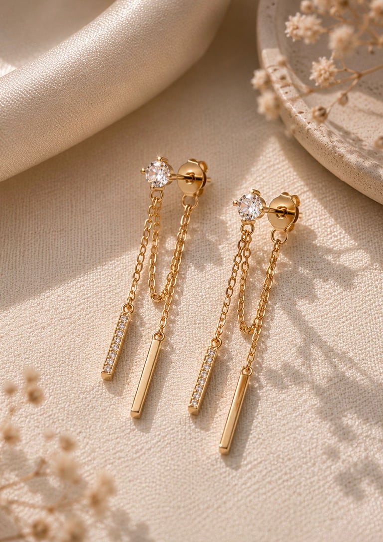 Close-up of gold chain drop earrings with sparkling details.