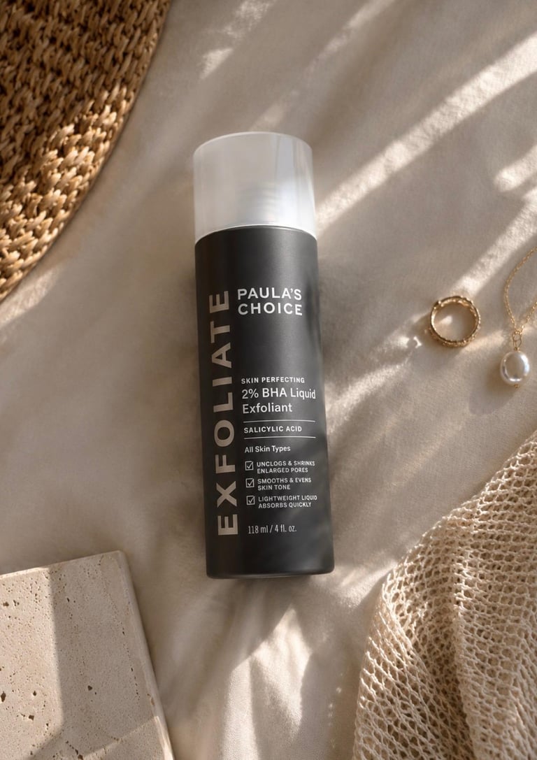 Paula’s Choice 2% BHA Liquid Exfoliant bottle styled on beige fabric.