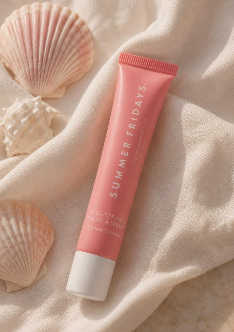 Summer Fridays Lip Butter Balm Pink Sugar on soft cream fabric with seashells in natural sunlight.