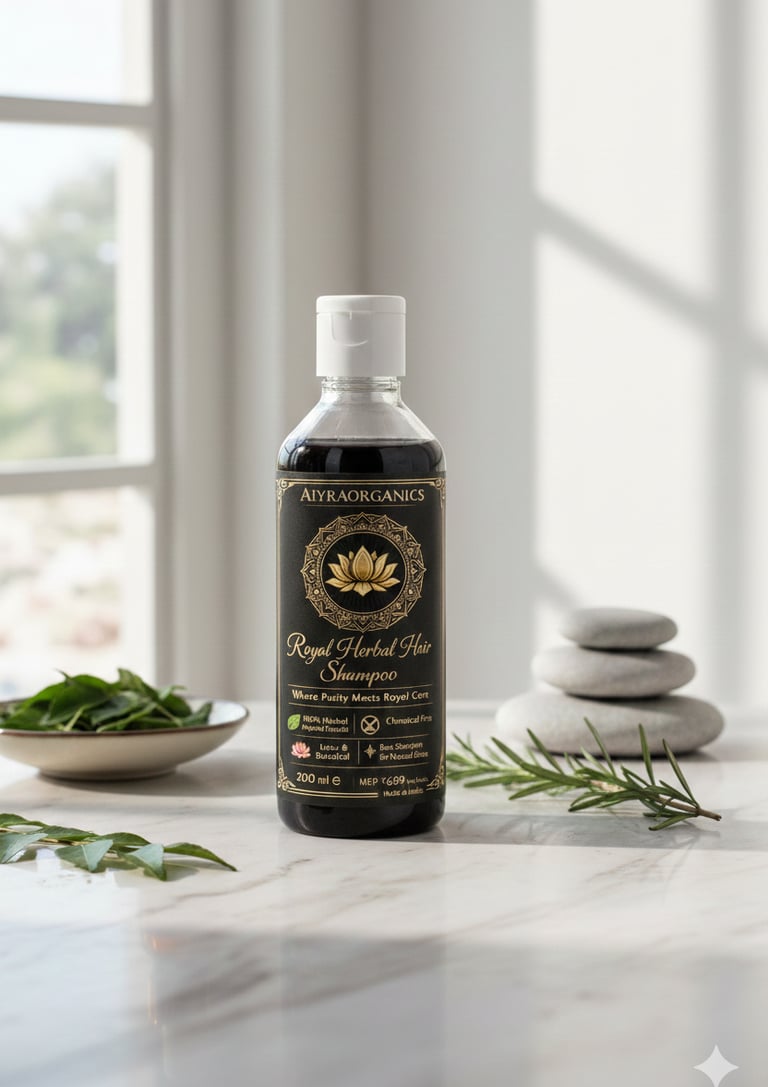 A bottle of Aiyra Organics Royal Herbal Hair Shampoo on a marble counter with fresh rosemary and herbs.