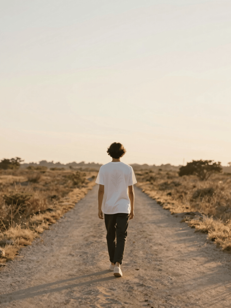 Black t-shirt displayed on a hanger with a minimalist cross illustration in soft gold.