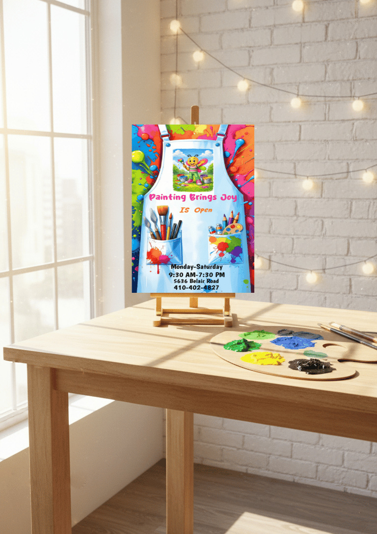 $20 paint parties, Painting Brings Joy, Paint brushes, paint, smock, art supplies, open, easel, fun,