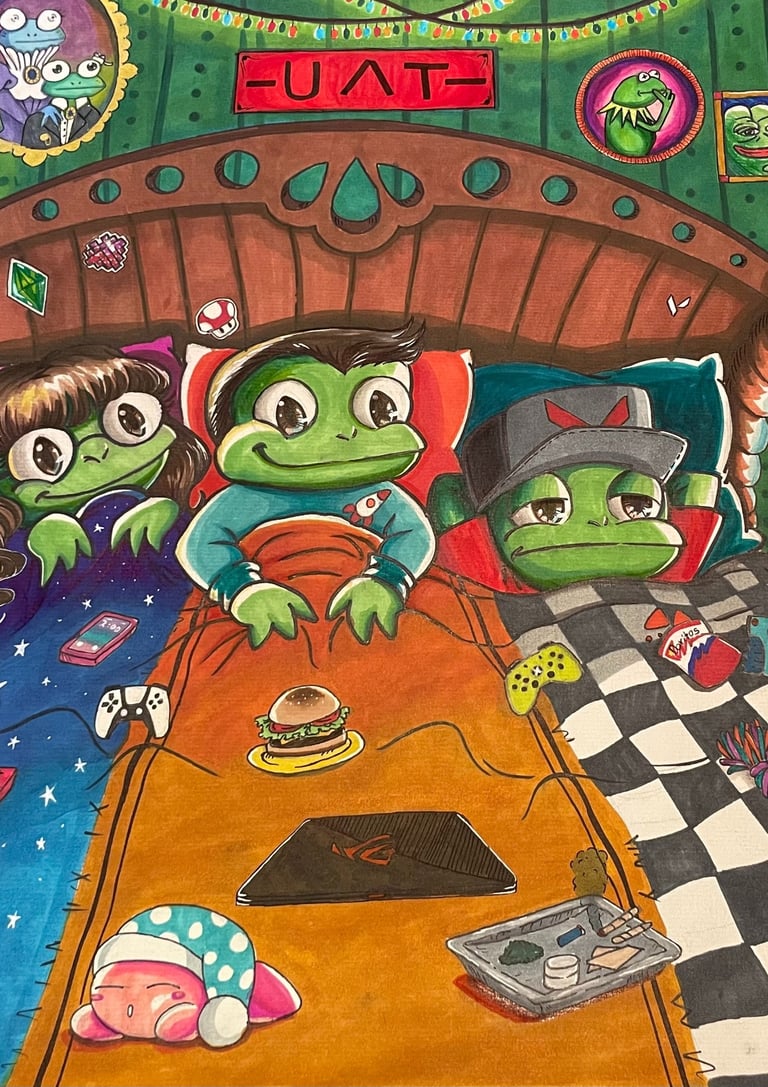 commission custom art piece of college friends in bed together hanging out