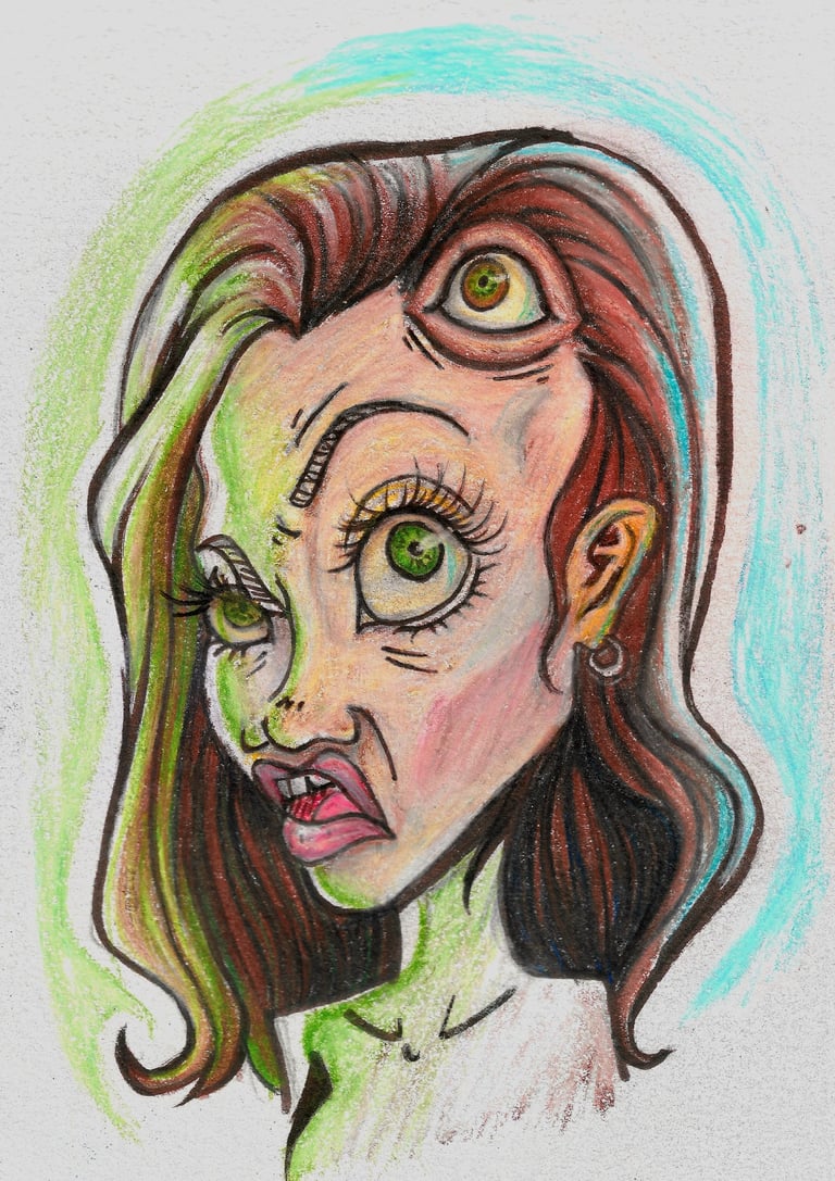 a drawing of a woman with green eyes. Angelina Jolie with a third eye.
