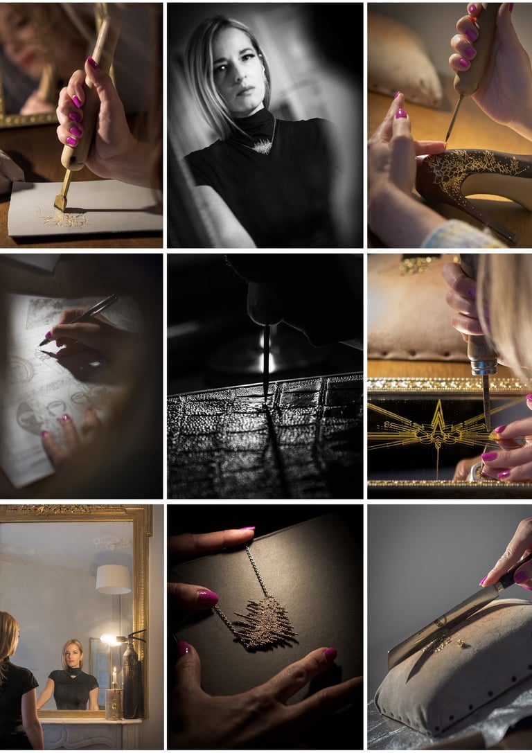 Lucie Monin artisan crafting luxury leather goods, jewelry, and engraved designer heels.