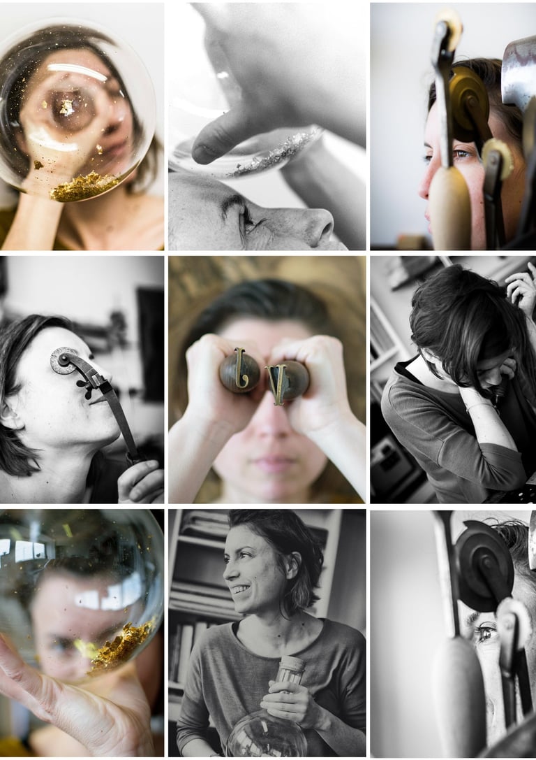 A grid of Julie Vilmain photos showing a woman artisan working with glass and metal tools.