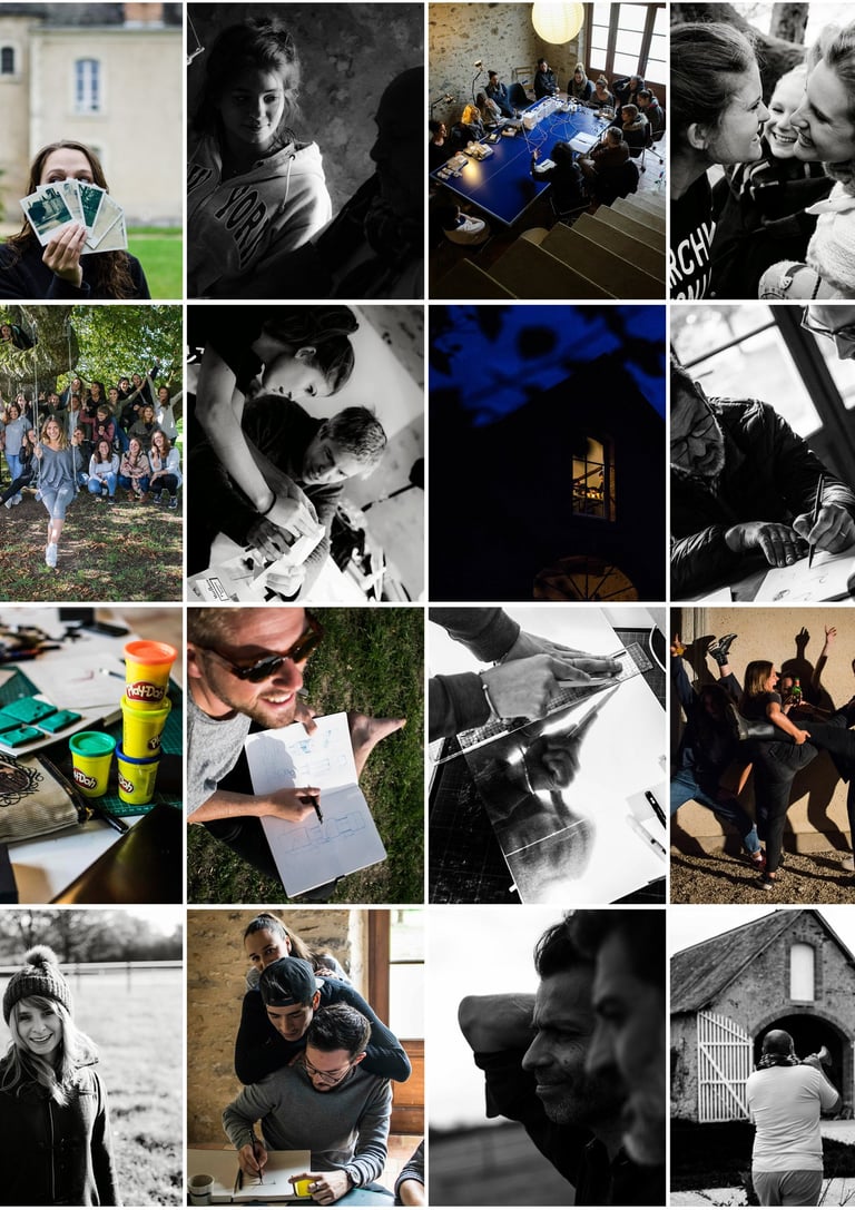 Black and white collage of students in a creative workshop sketching and collaborating outdoors.