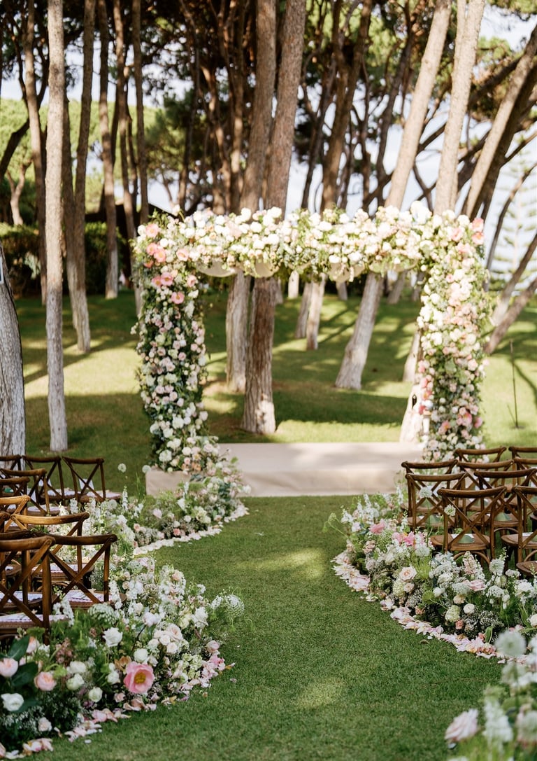 Wedding ceremony setup at Villa El Rincon with floral arch and garden seating