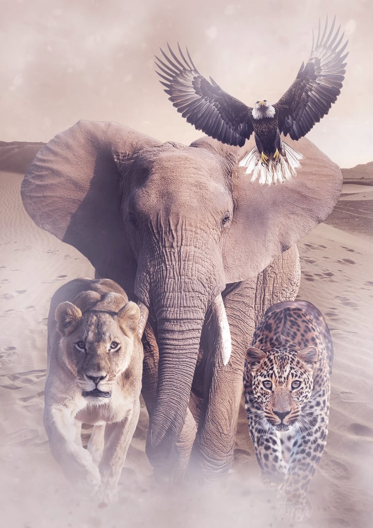 A majestic digital collage of African wildlife featuring an elephant, lioness, leopard, and bald eagle in a desert landscape.