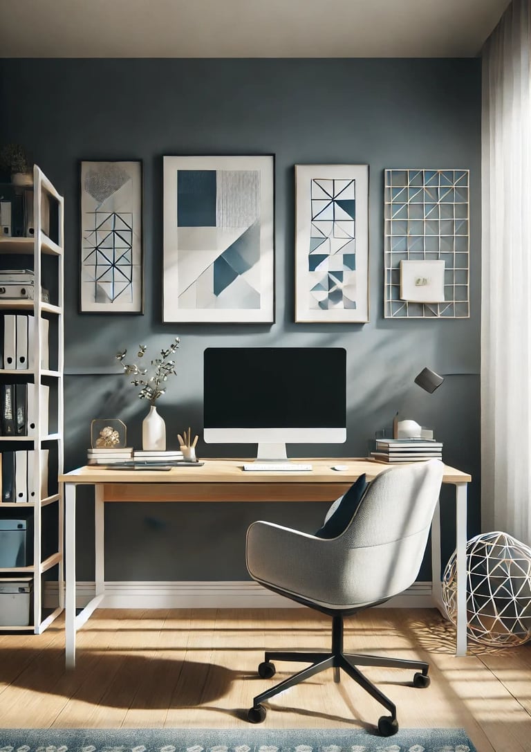 Home office vertical minimalista com decoração geométrica e iluminação natural.