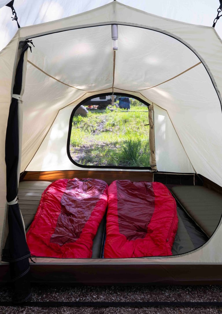 Inside Snow Peak Vault Tent With Red Sleeping Bags