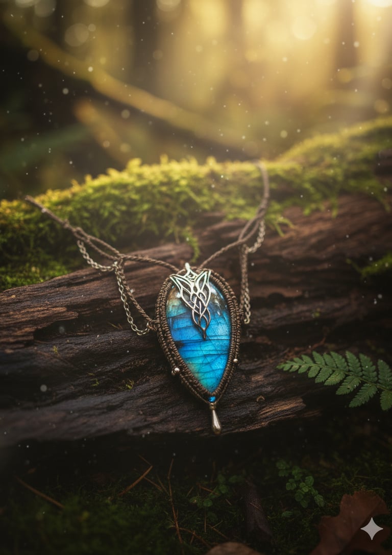 Collier micro macramé marron avec labradorite bleu moon valley