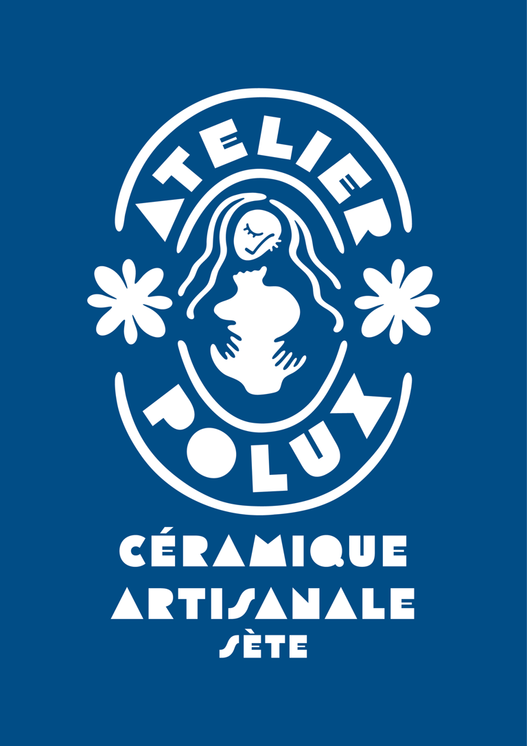 Logo of Atelier Polux. An illustration showing a lady with long hair holds a vase against her chest.