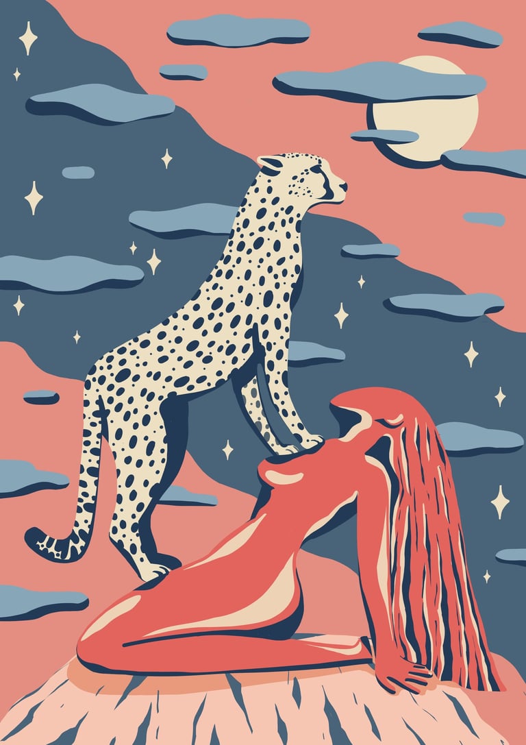 a leopard standing on the chest of a nude woman sitting on a rock. A night sky in the background.