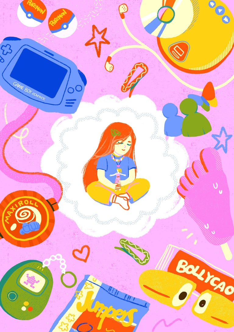 a little red-haired girl sitting surrounded by a thought bubble and gadgets and snacks