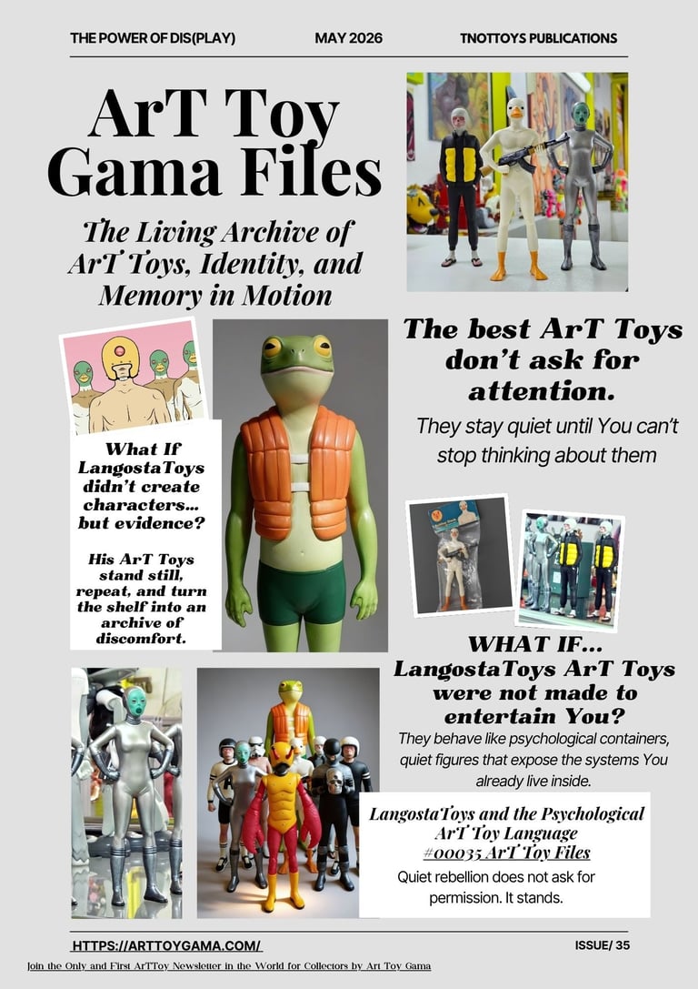 A magazine layout for Art Toy Gama Files featuring LangostaToys designer figures, including a frog character and alien