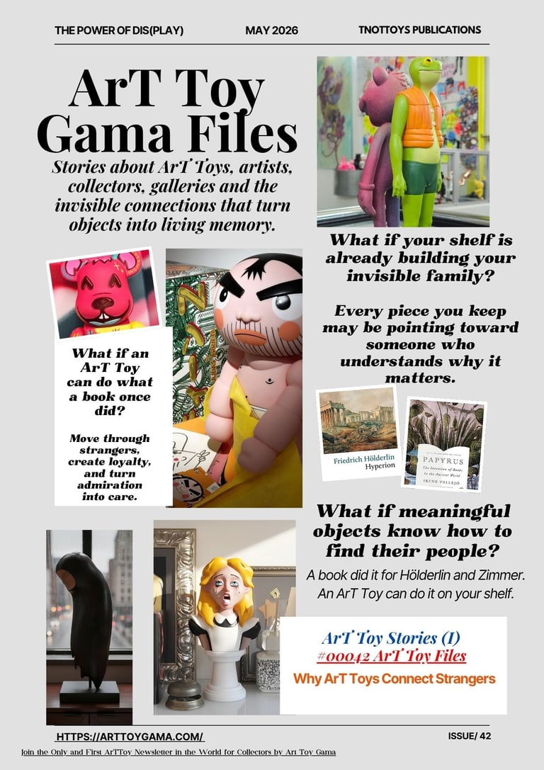 A magazine layout titled ArT Toy Gama Files featuring designer vinyl figures and collectible art toys.