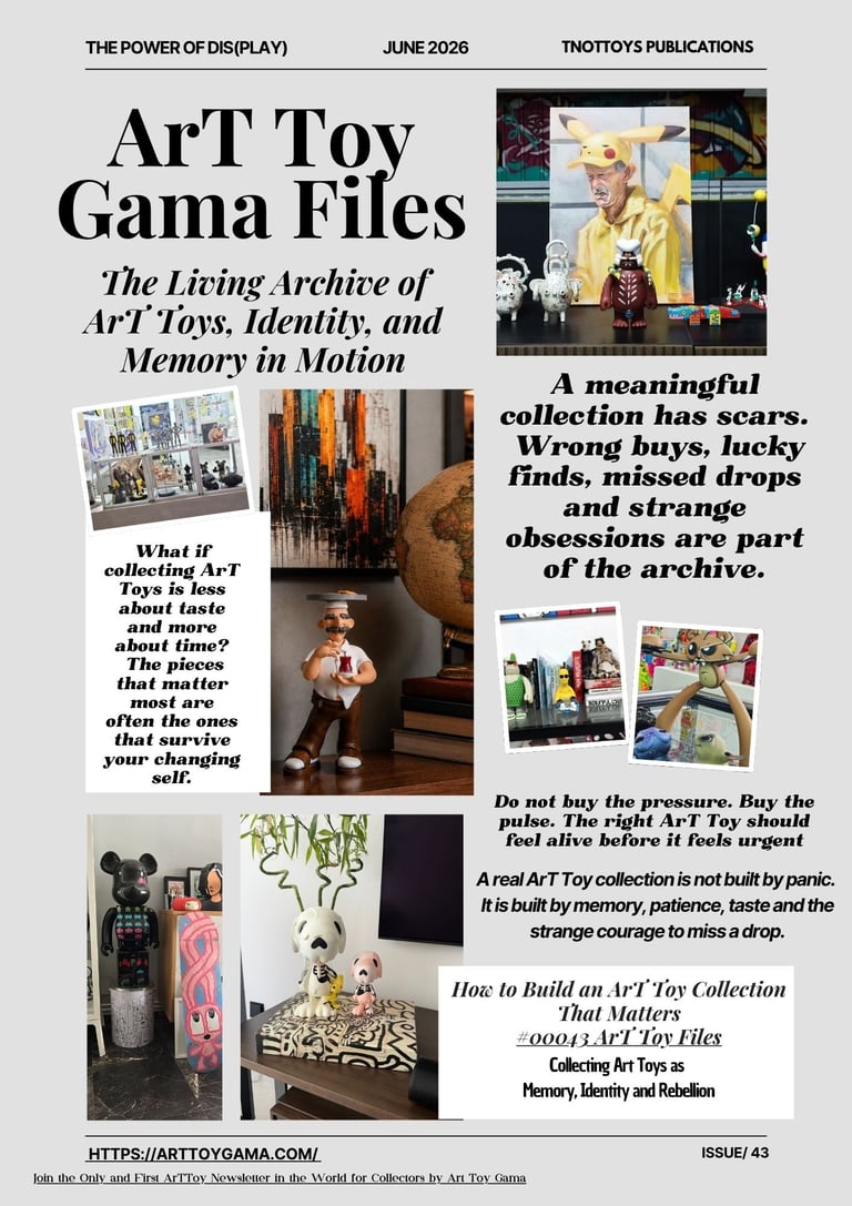 A curated ArT Toy Gama magazine layout featuring designer art toy collections and collectible vinyl figures.