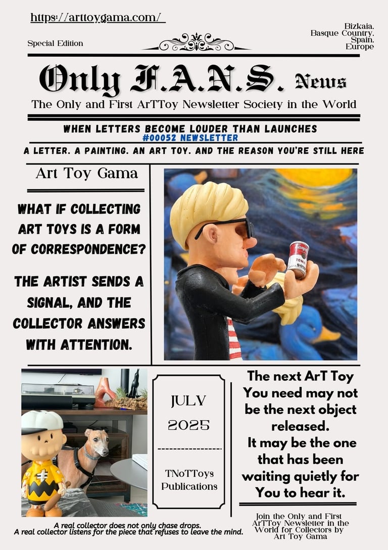 Only F.A.N.S. Art Toy News newsletter featuring Andy Warhol and Charlie Brown figurines with a dog.
