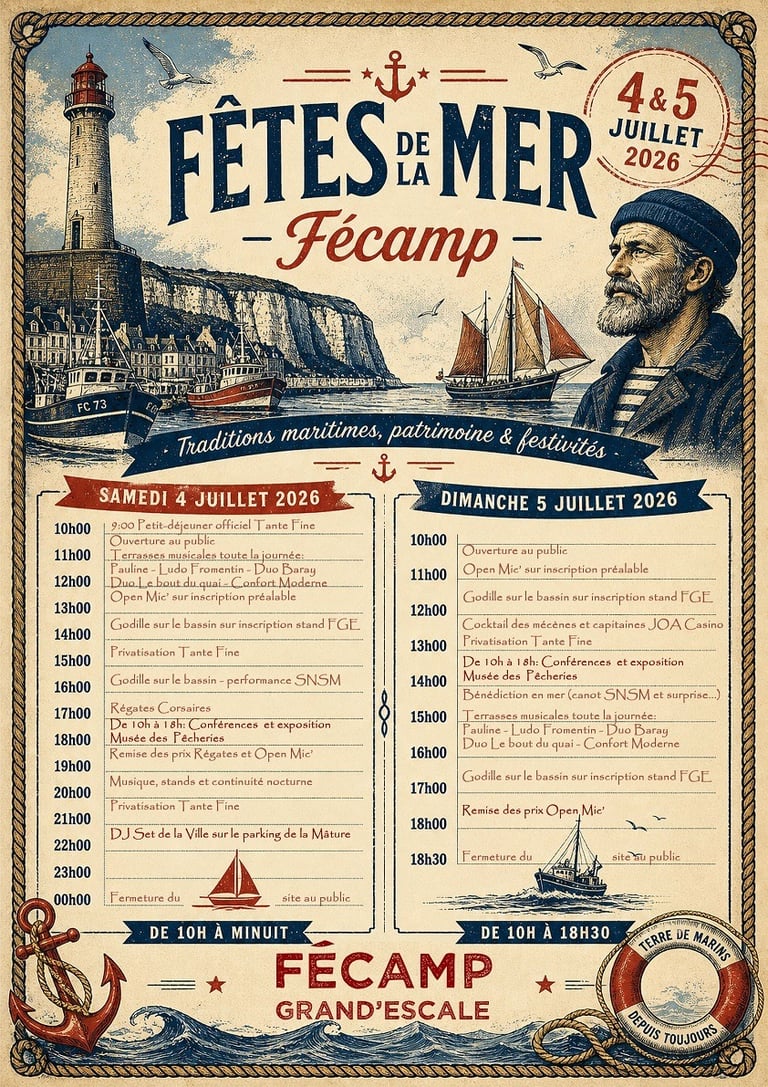 Vintage poster for Fêtes de la Mer in Fécamp featuring a lighthouse, old fishing boats, and a bearded sailor.