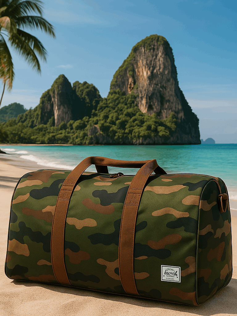 Herschel camo duffle bag sitting in the sand of a Thailand beach with the ocean in the background