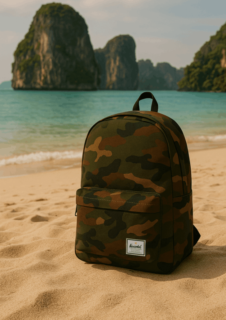 A Herschel classic backpack in camo resting in the sand of a Thai beach