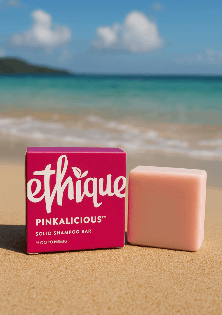 A shampoo bar from Ethique, the Pinkalicious version, sitting on the shore of a Thai beach