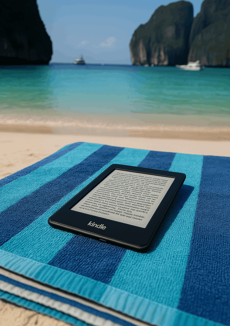 A Kindle Paperwhite resting on a beach towel with the ocean in the background