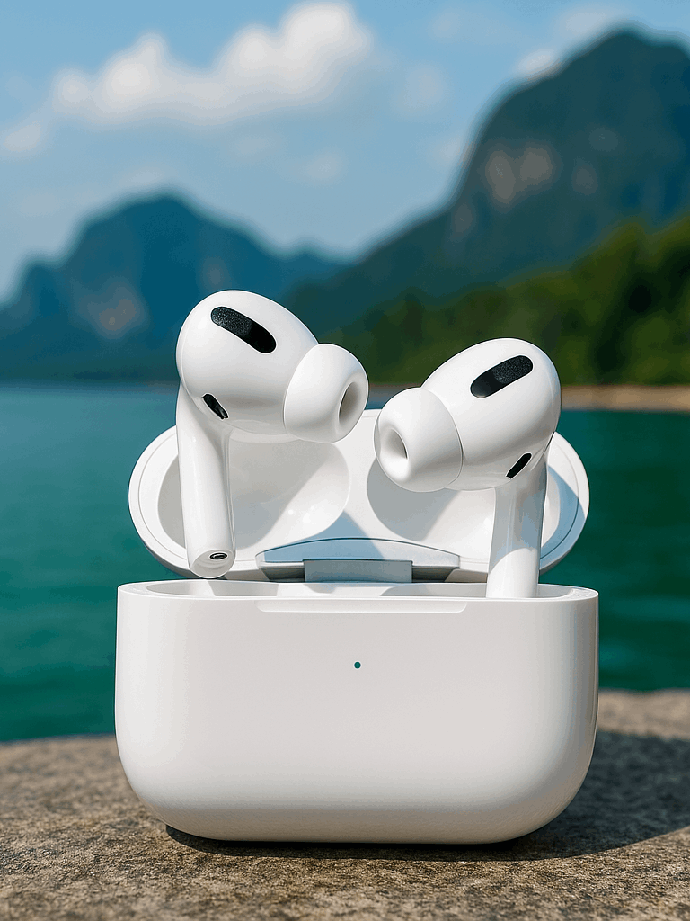 AirPods Pro 2 sitting on a rock with the turquoise waters of a Thai beach in the background 