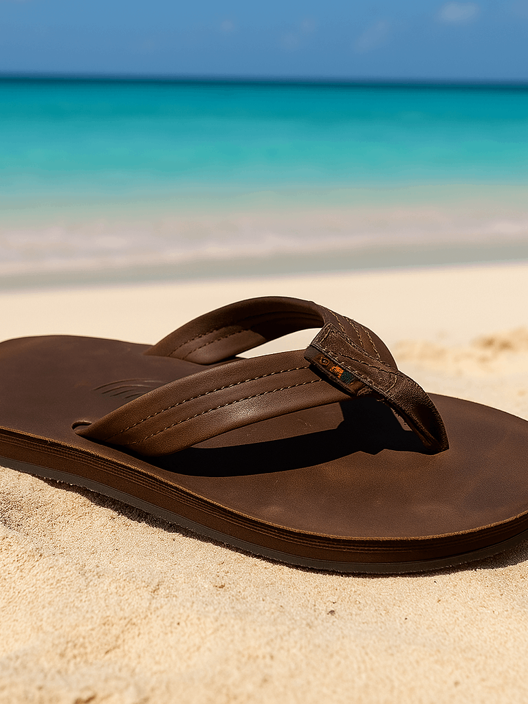 A pair of leather Rainbow Sandals resting on the sand of a Thai beach