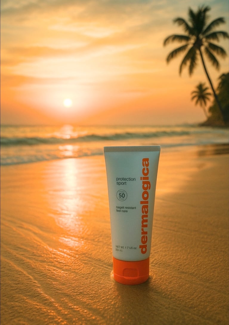 A bottle of Dermalogica Sport SPF 50 sunscreen on the shore of a Thai beach at sunset