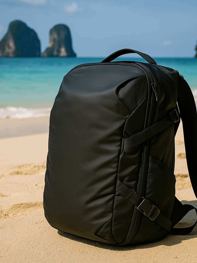 A Peak Design Travel Backpack resting in the sand on a Thai Beach with the ocean in the background
