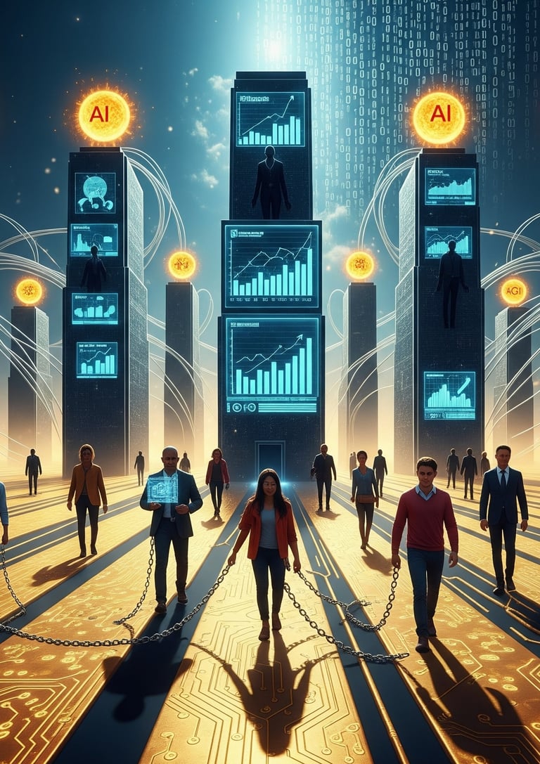 Humanos encadenados entre ellos. Al fondo las IAs se ven como rascacielos modernos. 