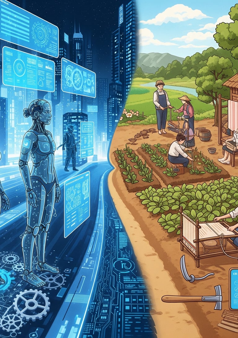 A la izquierda robots humanoides y en la derecha personas labrando la tierra. Contraste entre tecnología y naturaleza.