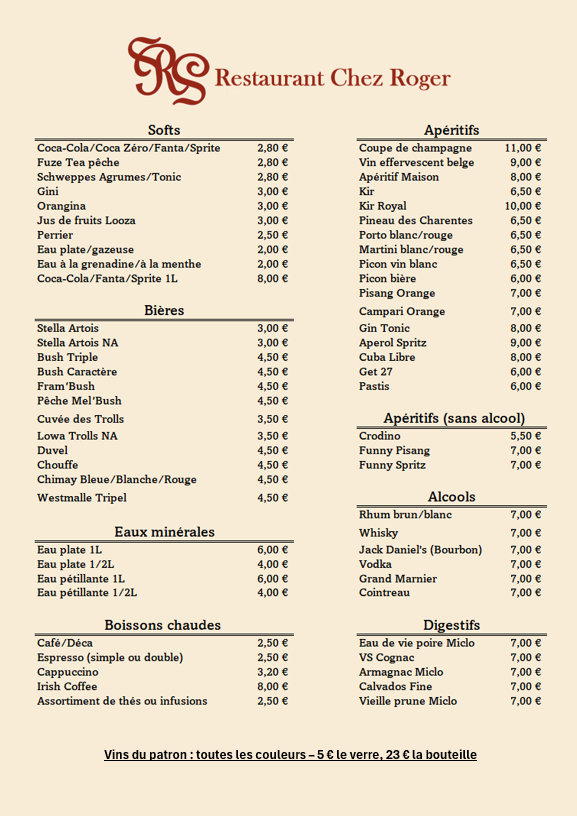 Menu card for Restaurant Chez Roger listing prices for soft drinks, beers, aperitifs, and spirits in French.