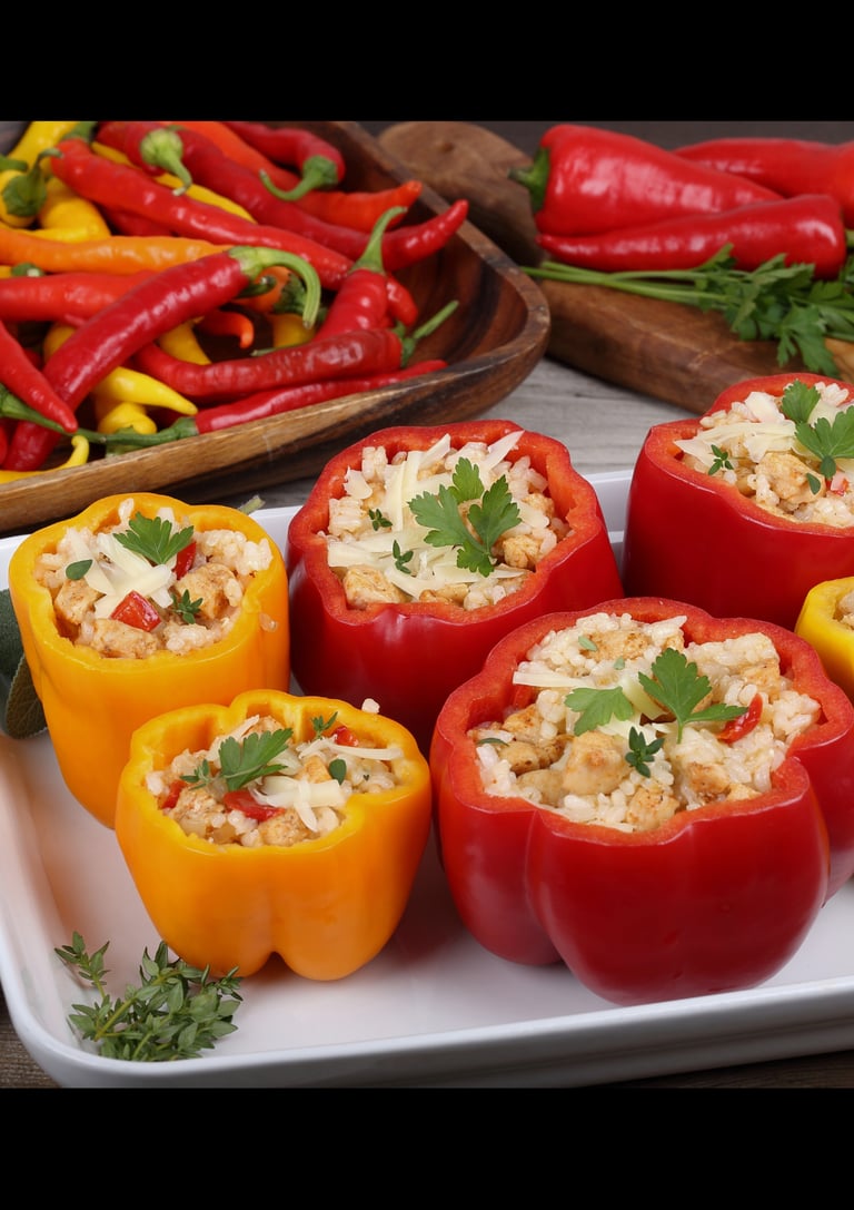 recette poivrons farcis, riz, poulet