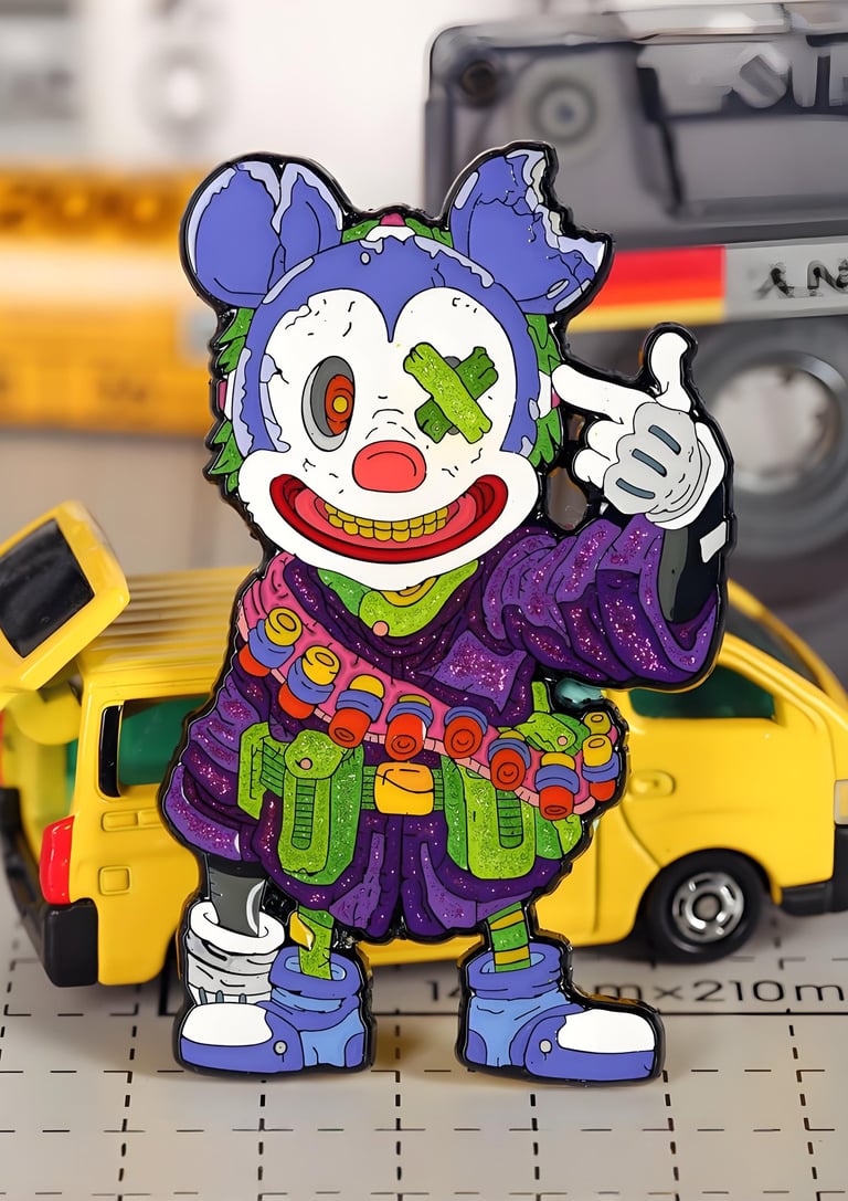 Large enamel pin with glitter detailed artwork