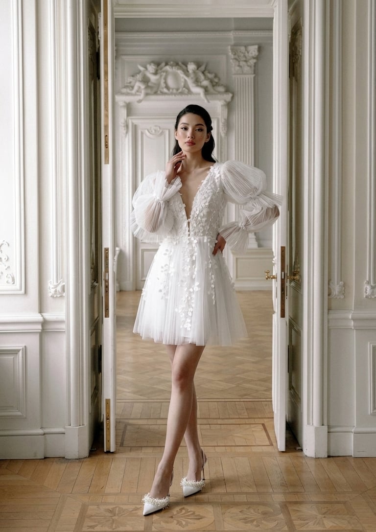 Elegant model wearing a short puff sleeve white bridal dress with floral lace in a luxury studio.
