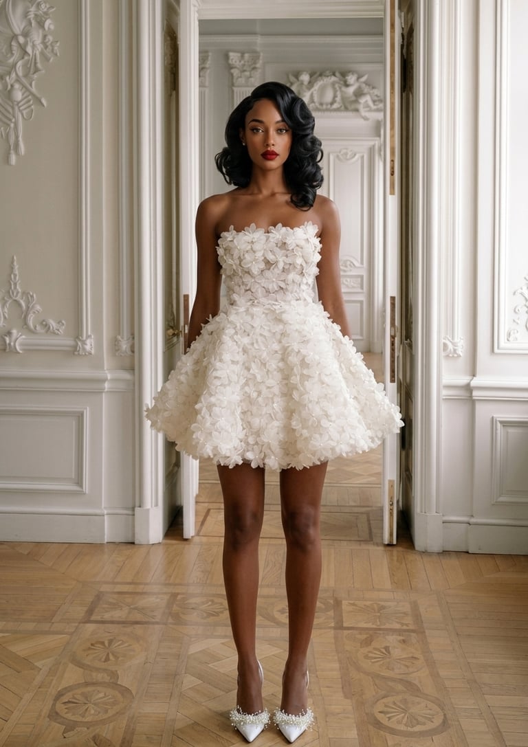 Elegant woman in a white floral applique mini dress and pearl heels in a luxury interior.