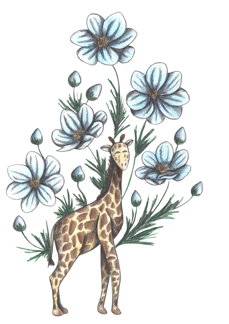 Hand-drawn illustration of a giraffe surrounded by blue flowers