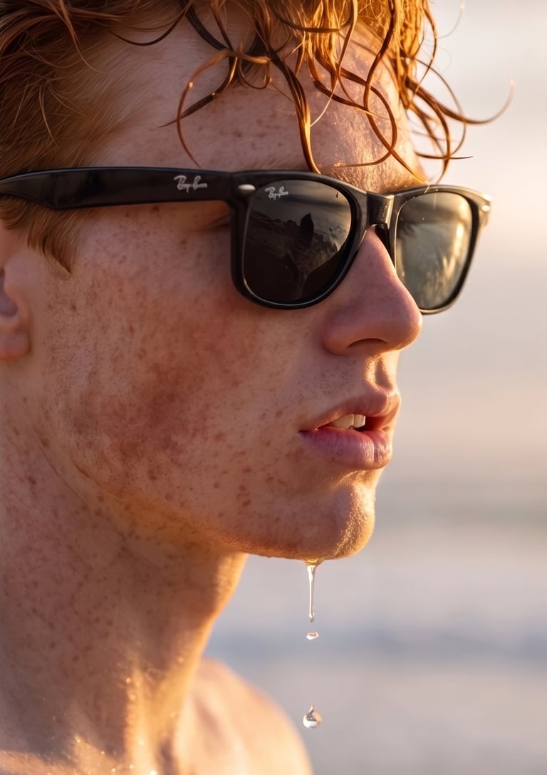 Redheaded man with freckles wearing black sunglasses at the beach during a golden hour sunset.